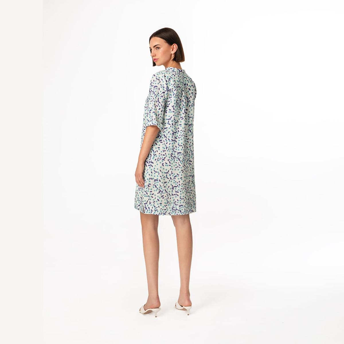 Women's White / Blue Button Front Printed Linen Dress With Mandarin Neck  Blue Starflowers | Medium | Haris Cotton – image 3