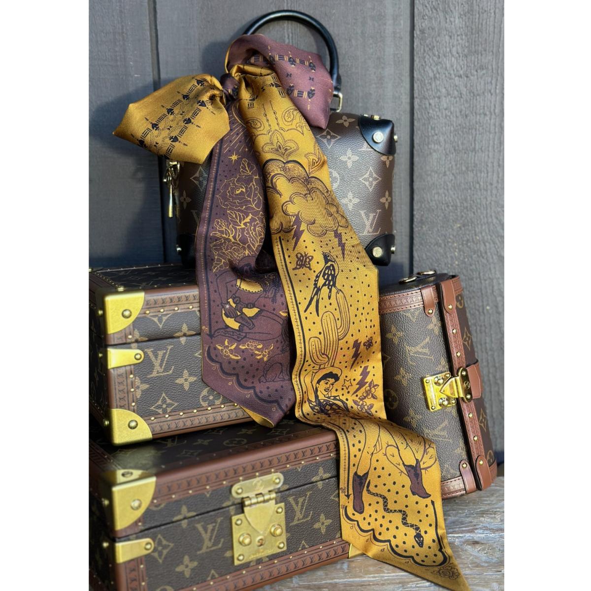 Women's Gold / Brown Cactus Rose Silk Twilly In Espresso & Gold | At Home with Ray – image 2