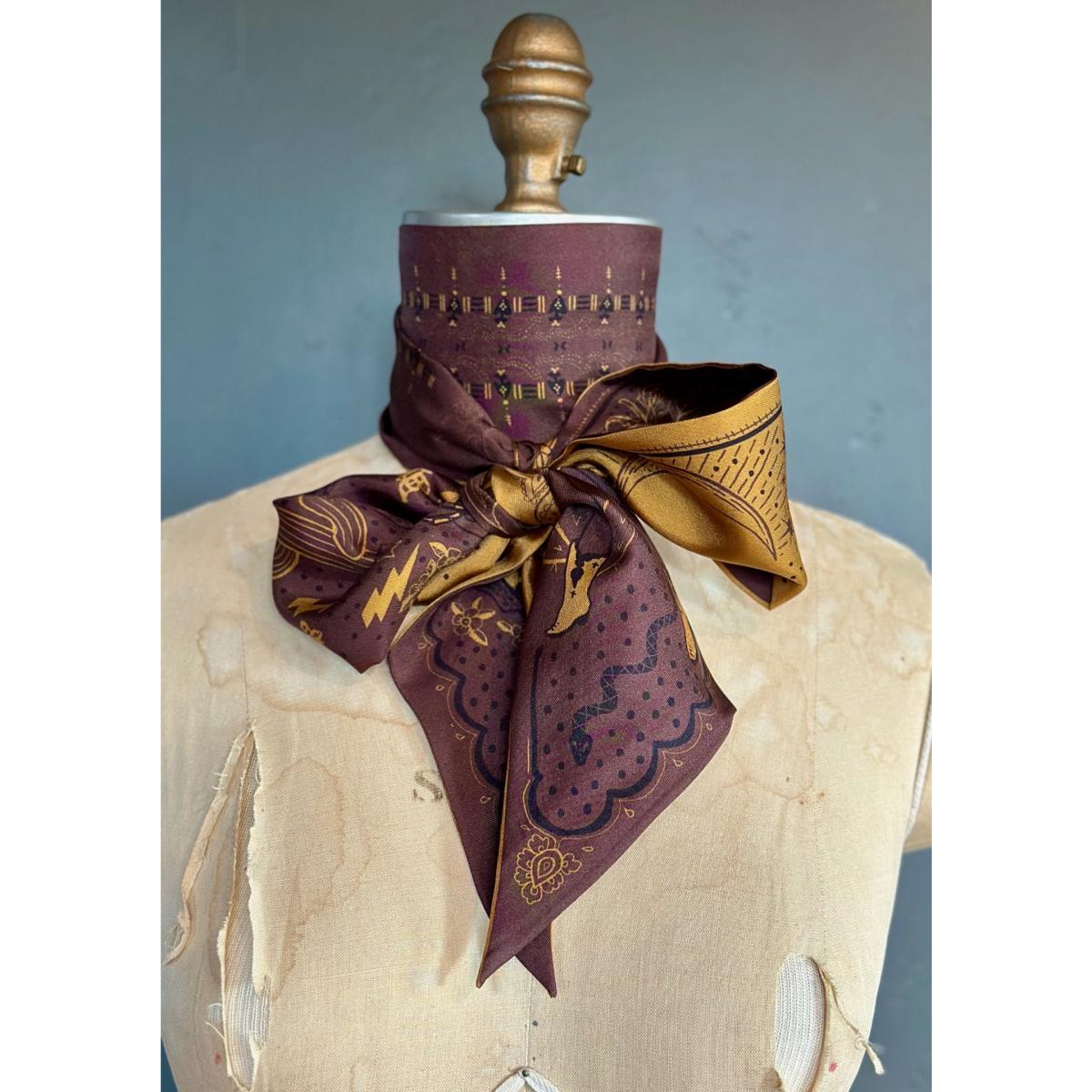 Women's Gold / Brown Cactus Rose Silk Twilly In Espresso & Gold | At Home with Ray – image 6