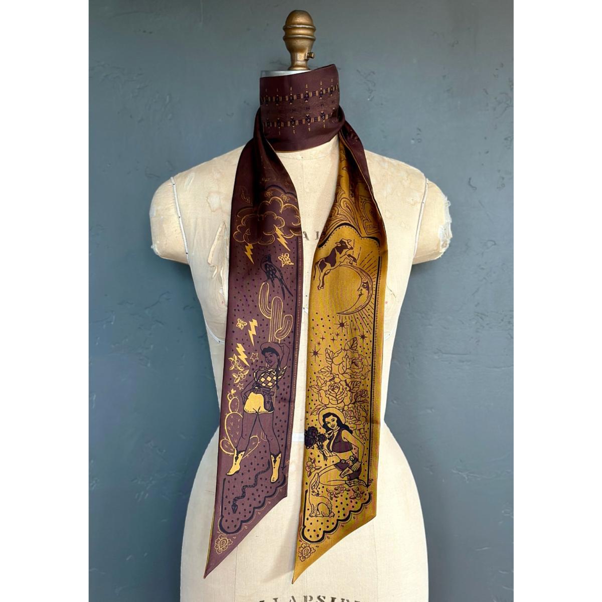 Women's Gold / Brown Cactus Rose Silk Twilly In Espresso & Gold | At Home with Ray – image 7