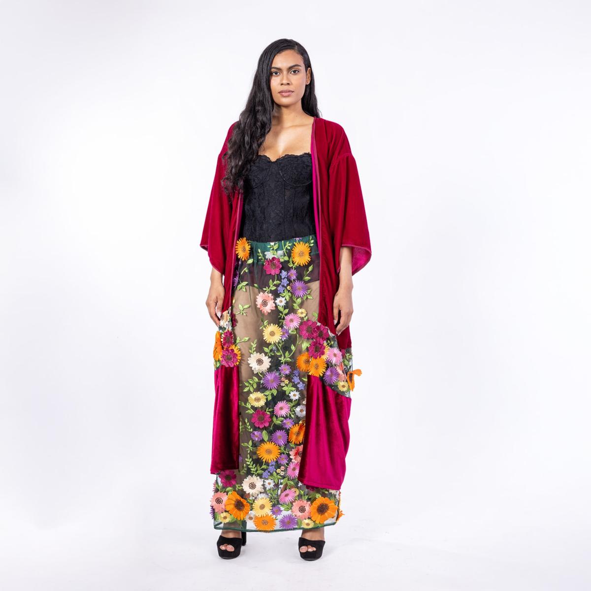 Women's Celestial Deep Forest - Skirt Of Embroidered Multicoloured Cascading Flowers | M/L | Harlow Loves Daisy – image 2