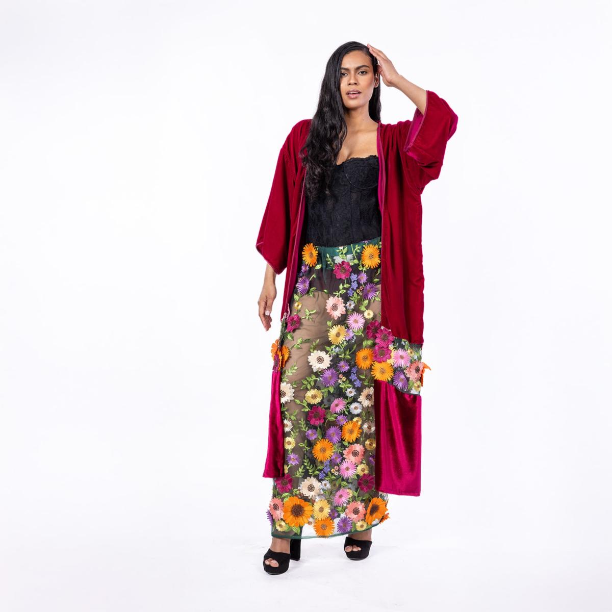 Women's Celestial Deep Forest - Skirt Of Embroidered Multicoloured Cascading Flowers | M/L | Harlow Loves Daisy – image 3