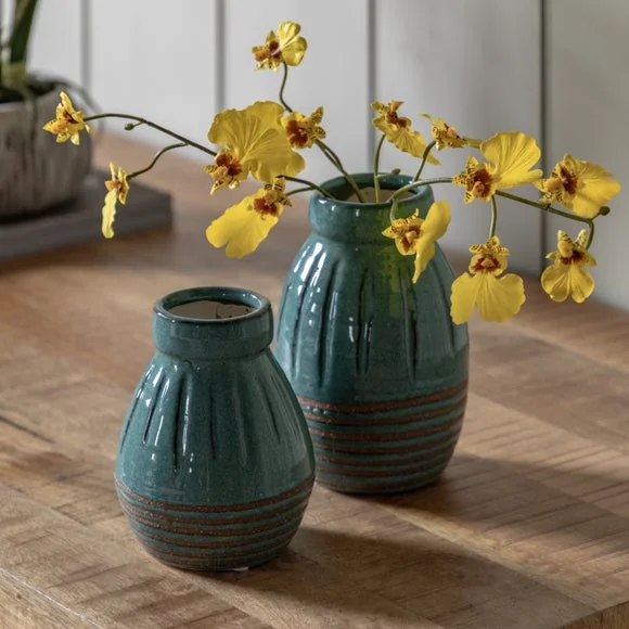 Cedar & Sage Set of 2 Southwold Ribbed Ceramic Teal Vase – image 4