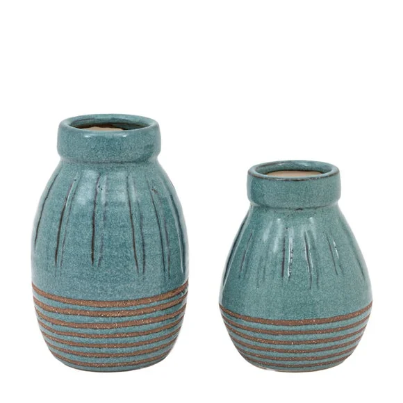 Cedar & Sage Set of 2 Southwold Ribbed Ceramic Teal Vase – image 5