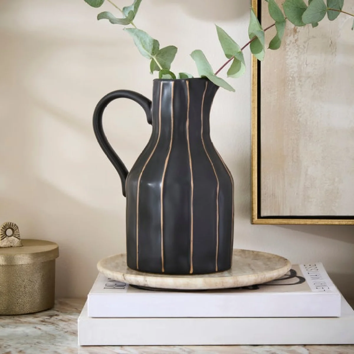 Black & Brown Striped Ceramic Jug Vase – image 1