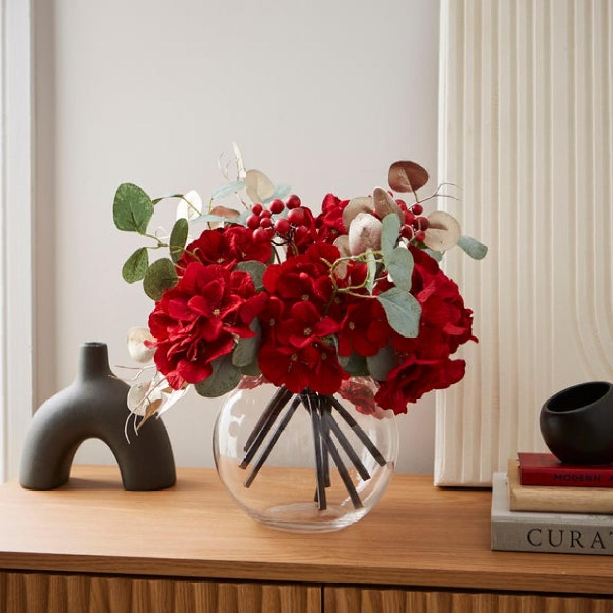 Artificial Red Hydrangea & Gold Eucalyptus Arrangement in Round Glass Vase – image 2