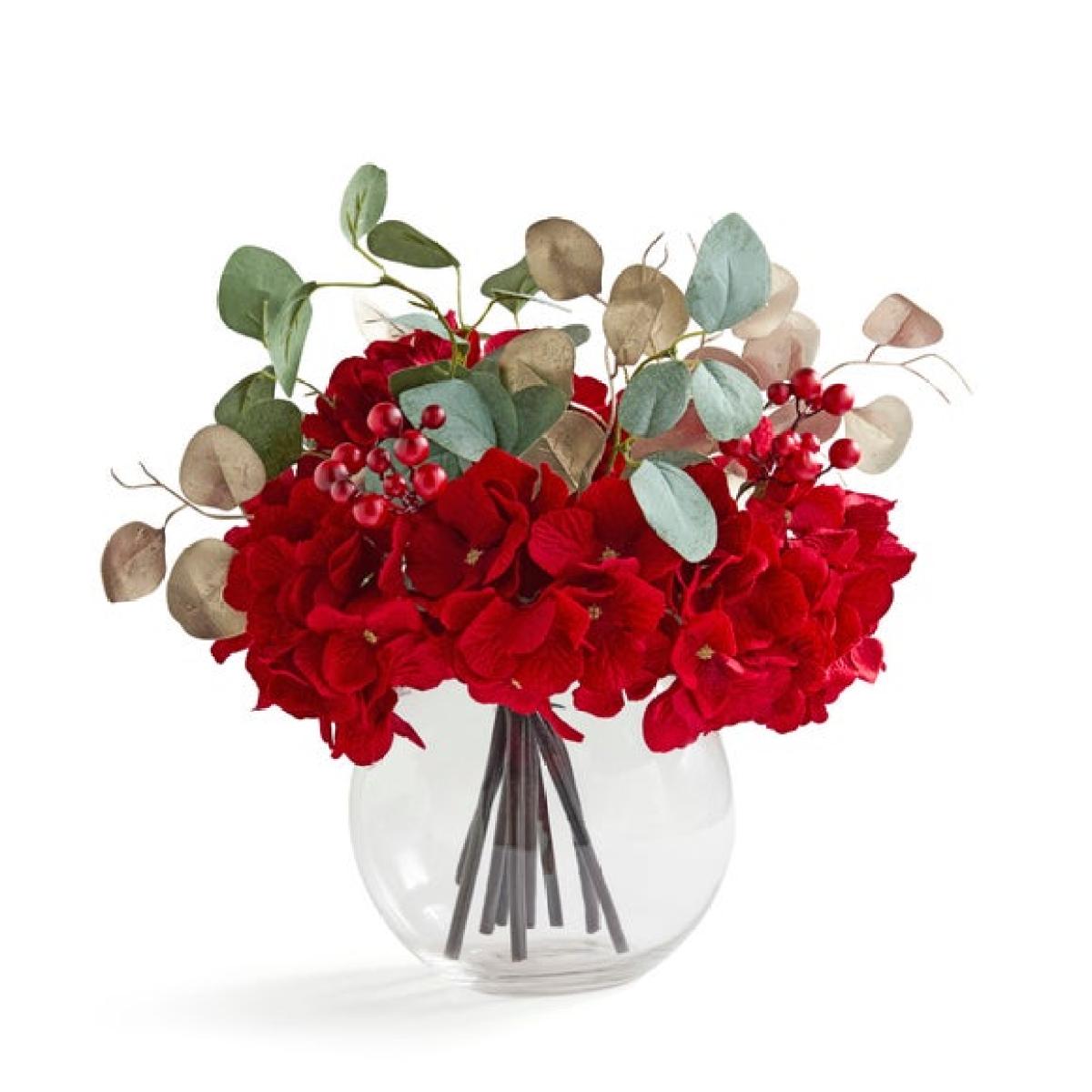 Artificial Red Hydrangea & Gold Eucalyptus Arrangement in Round Glass Vase – image 3