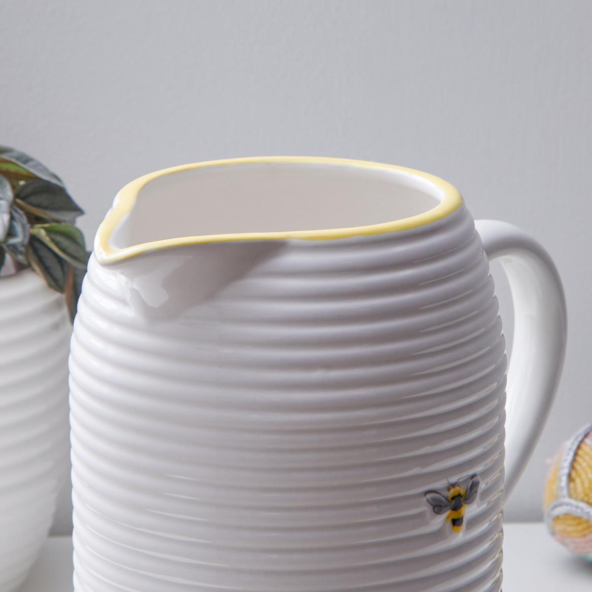 Embossed Bee Ceramic Jug Vase White – image 2