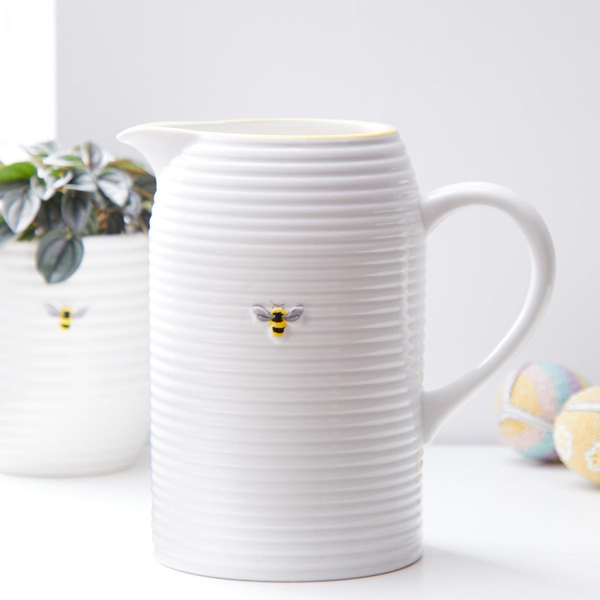 Embossed Bee Ceramic Jug Vase White – image 1