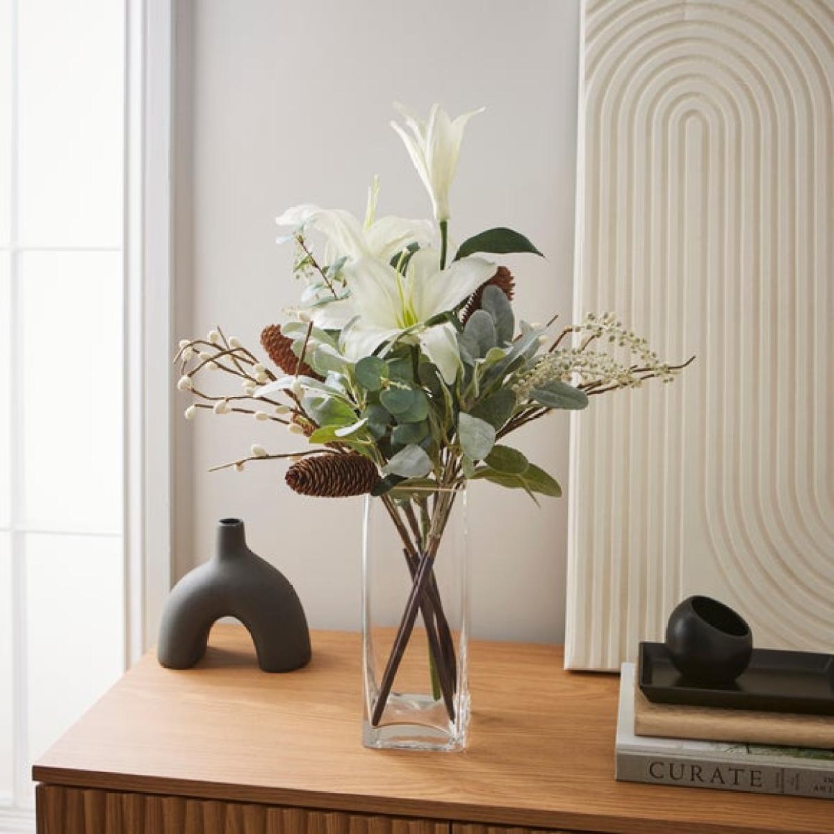Artificial Winter White Lily Arrangement in Square Glass Vase – image 2