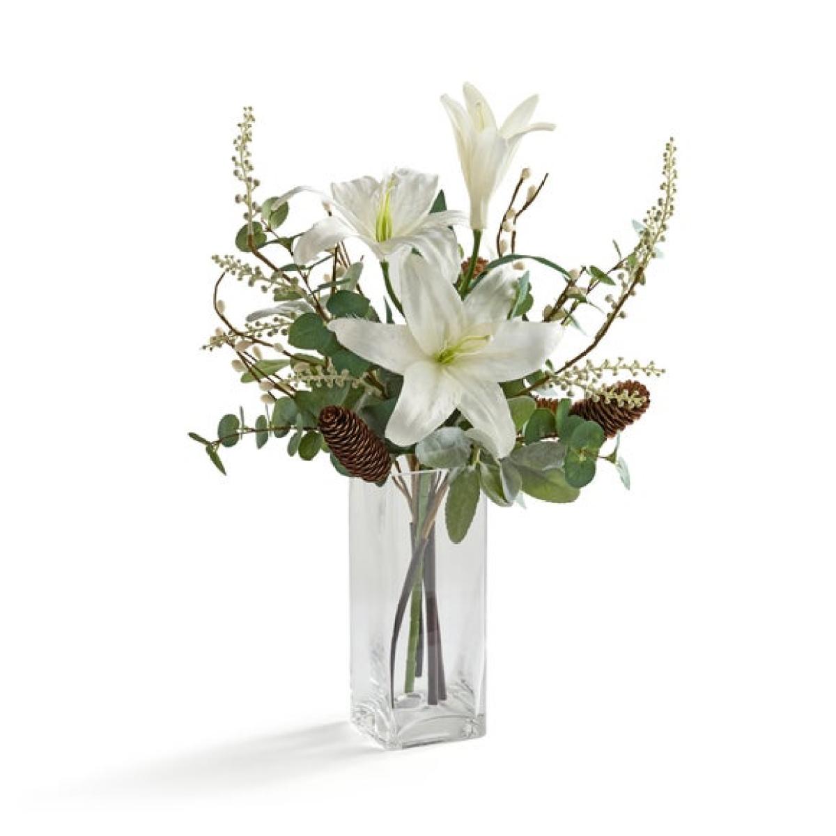 Artificial Winter White Lily Arrangement in Square Glass Vase – image 3