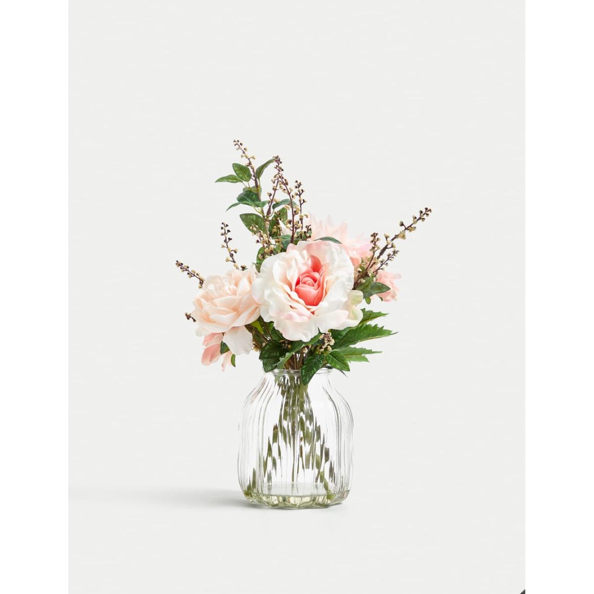 Moss & Sweetpea Artificial Bouquet in Glass Vase - White, White,Pink – image 2