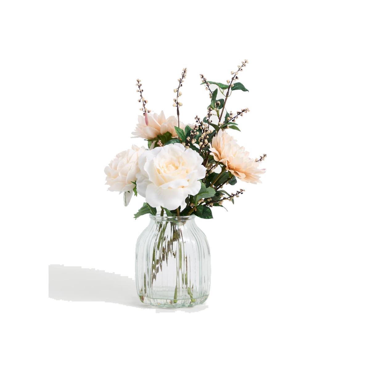 Moss & Sweetpea Artificial Bouquet in Glass Vase - White, White,Pink – image 1