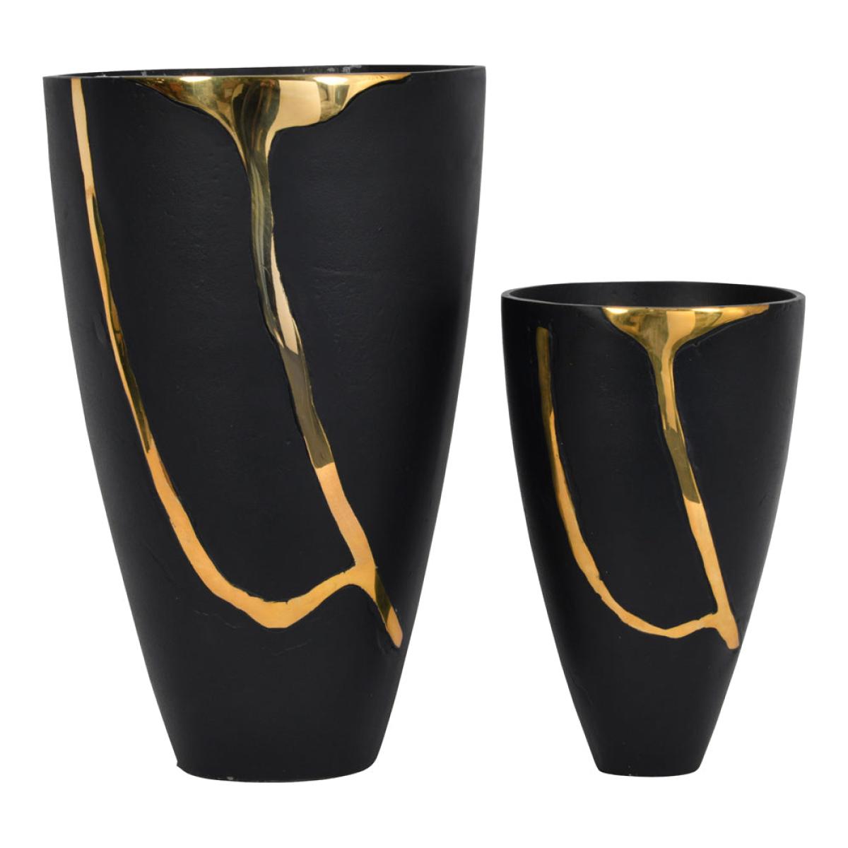 Libra Luxurious Glamour Collection - Arizona Black Aluminium Large Vase With Gold Lava Detail – image 6