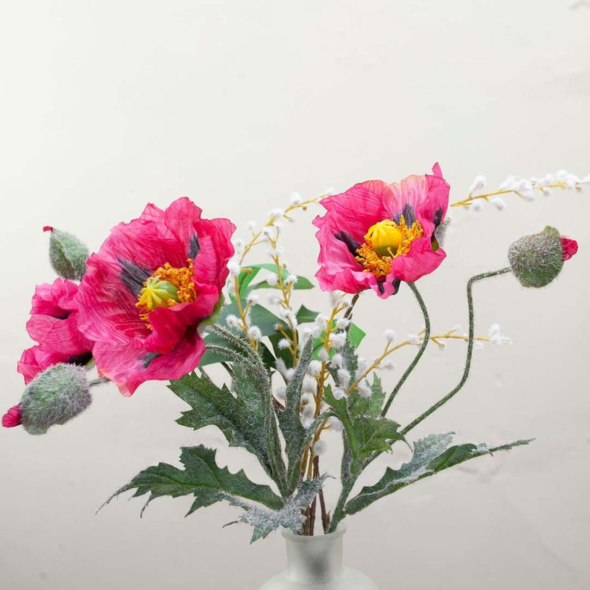 Poppies and Foliage in a Frosted Bottle Vase by Peony - Fuchsia Pink with yellow centres and green leaves – image 2
