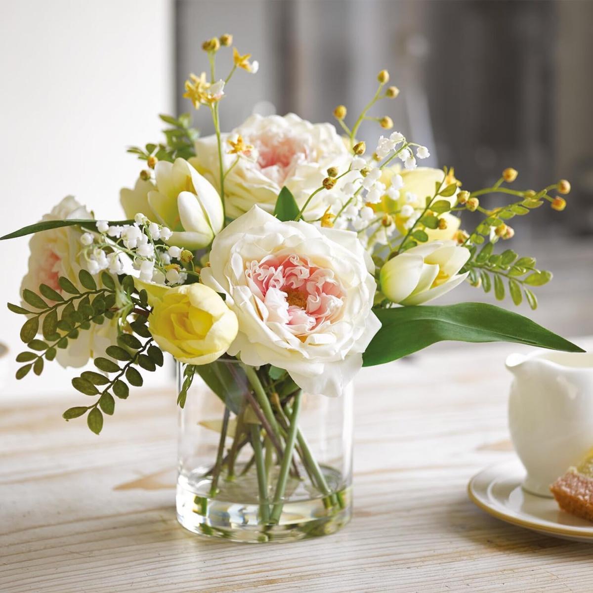 Artificial Hastings Tulip Flower Centrepiece in Glass Vase - White Pink