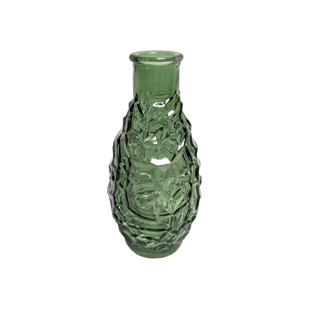 Green Bottle Bud Vase - Embossed Finish