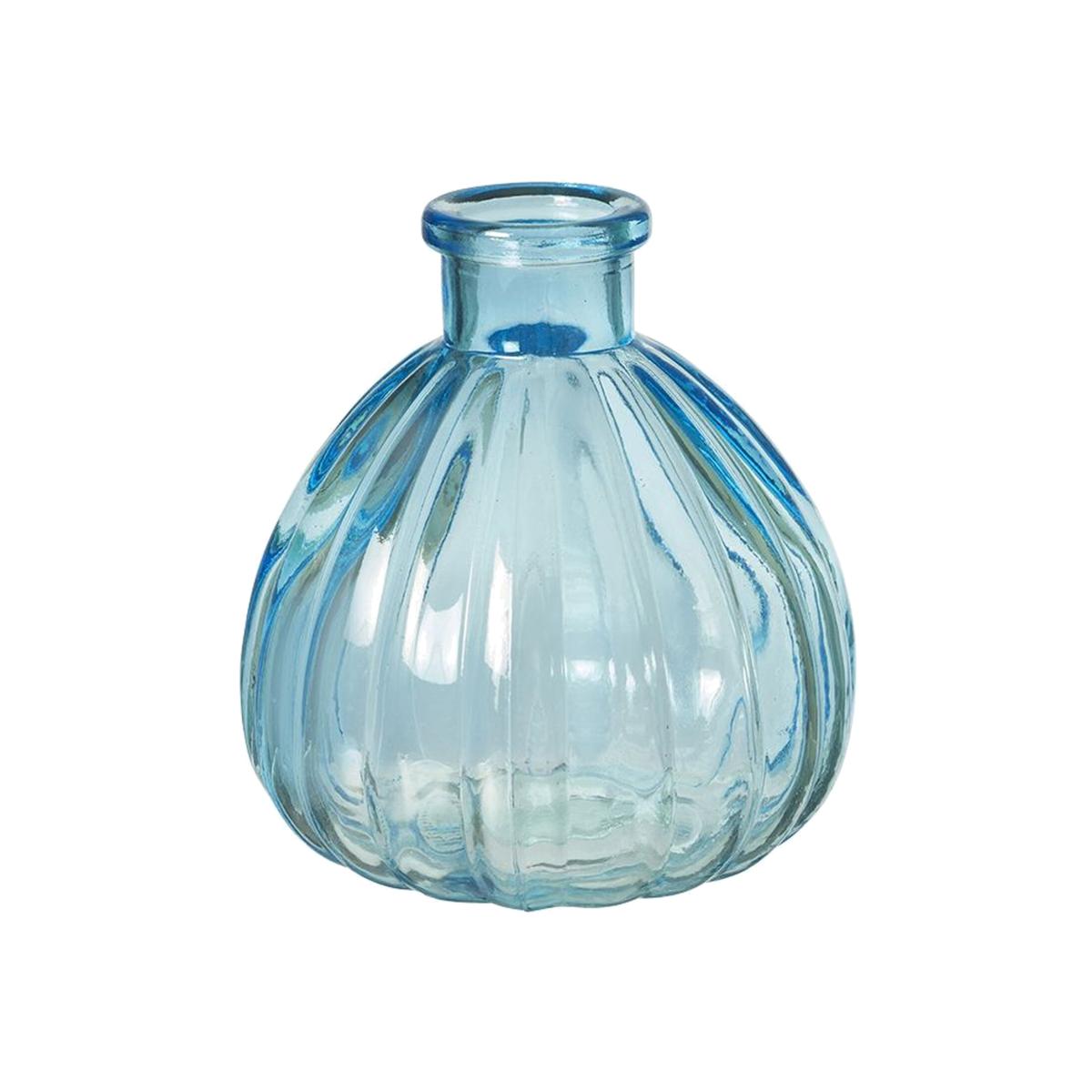 Glass Ribbed Ball Vase - Blue / 9cm