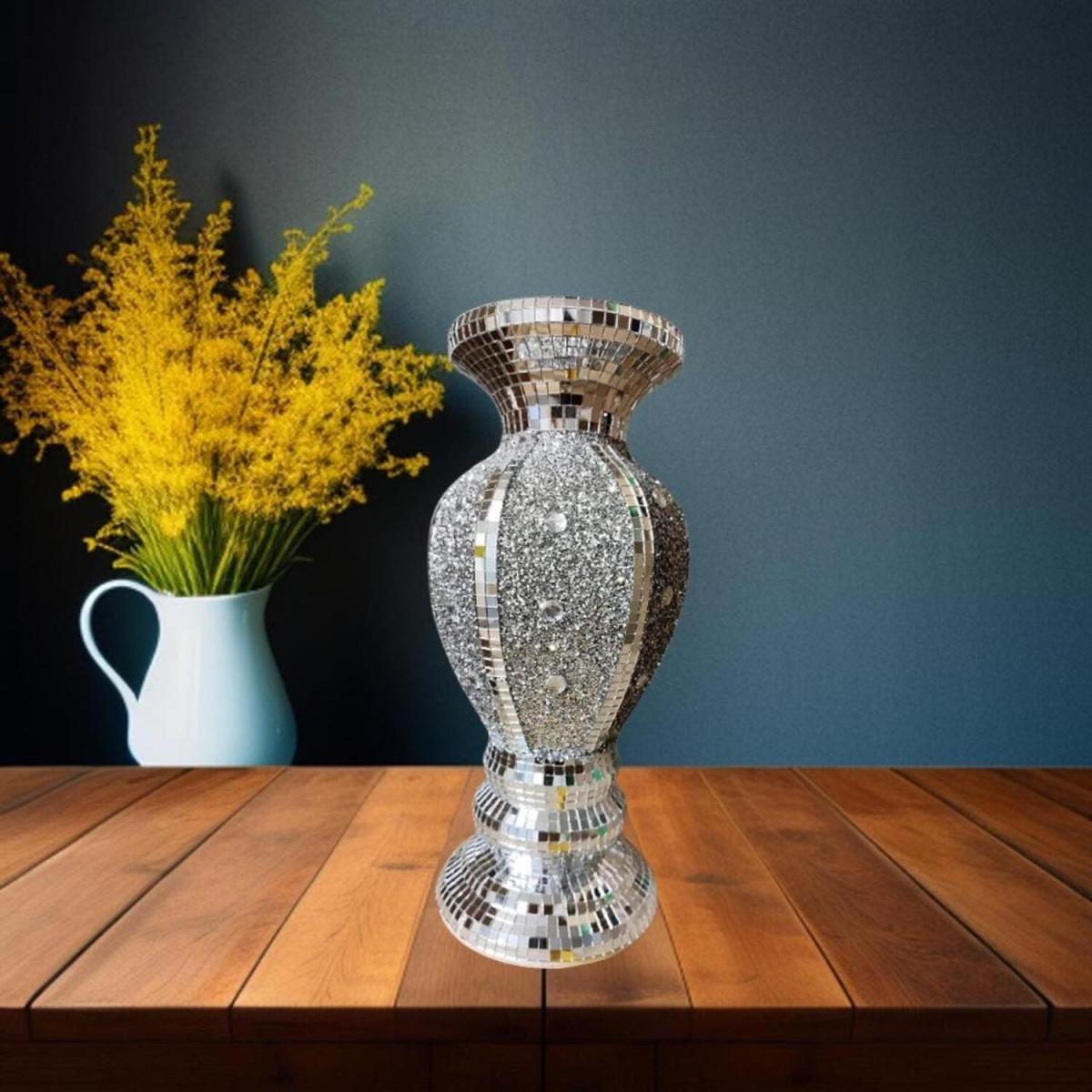 Silver Vase Sparkle Ornament Crushed Diamond Flower Pot - Silver