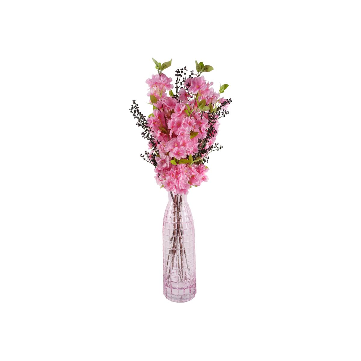 Pink Artificial Blossom and Berries Glass Vase - Pink Blossom Berries Glass Vase