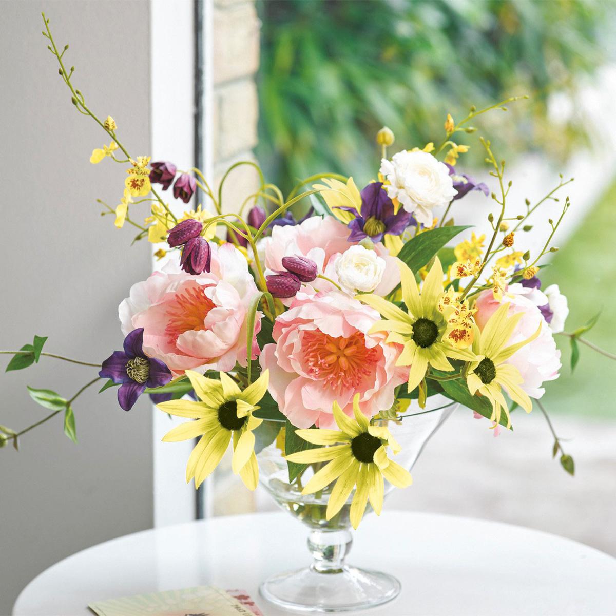 Artificial Wild Sophisticated Flower Stem Arrangement in Footed Glass Vase - Pink, Yellow, Green