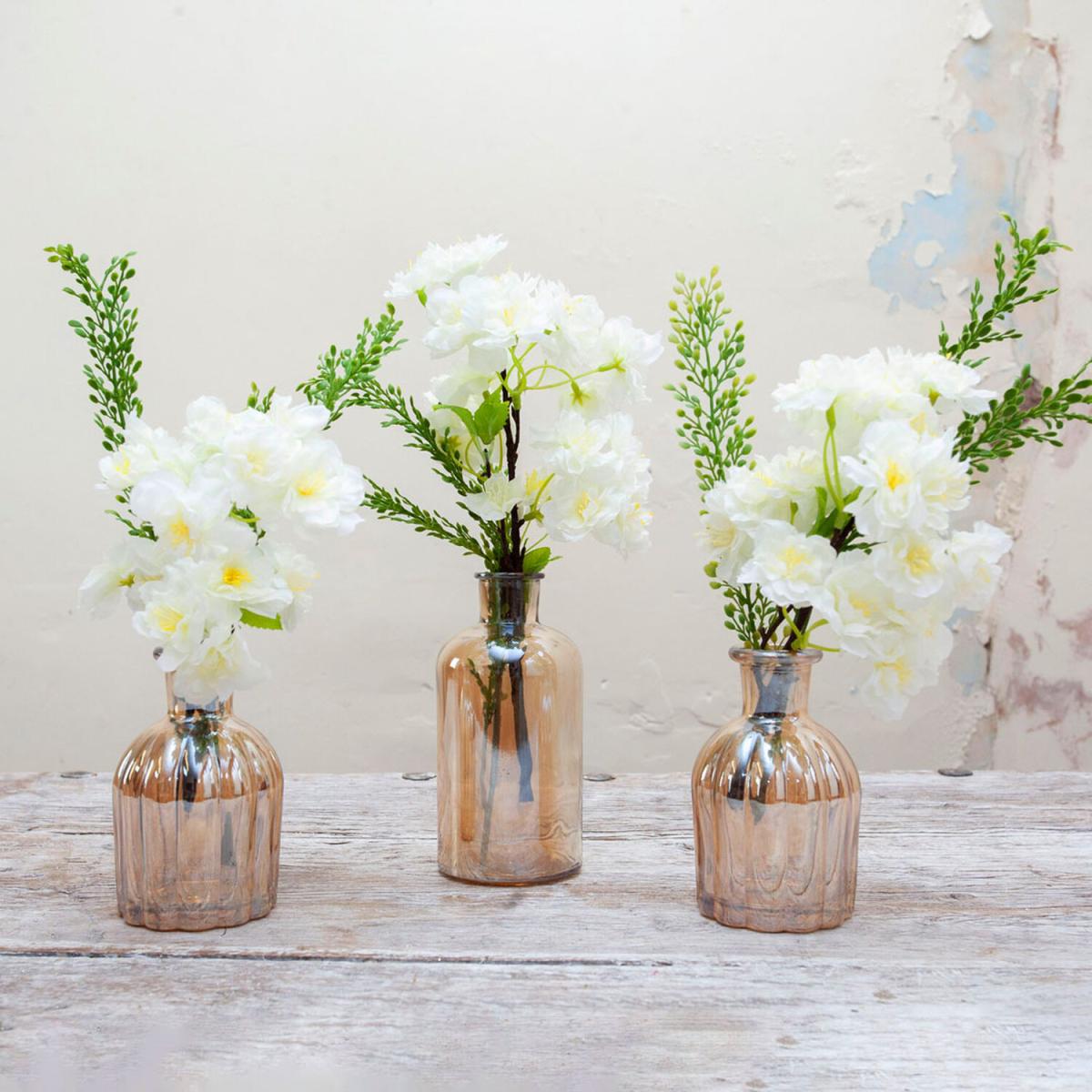 Set of 3 Amber lustre vases with cream blossom stems and foliage by Peony - Soft cream with yellow & green and amber vase – image 2
