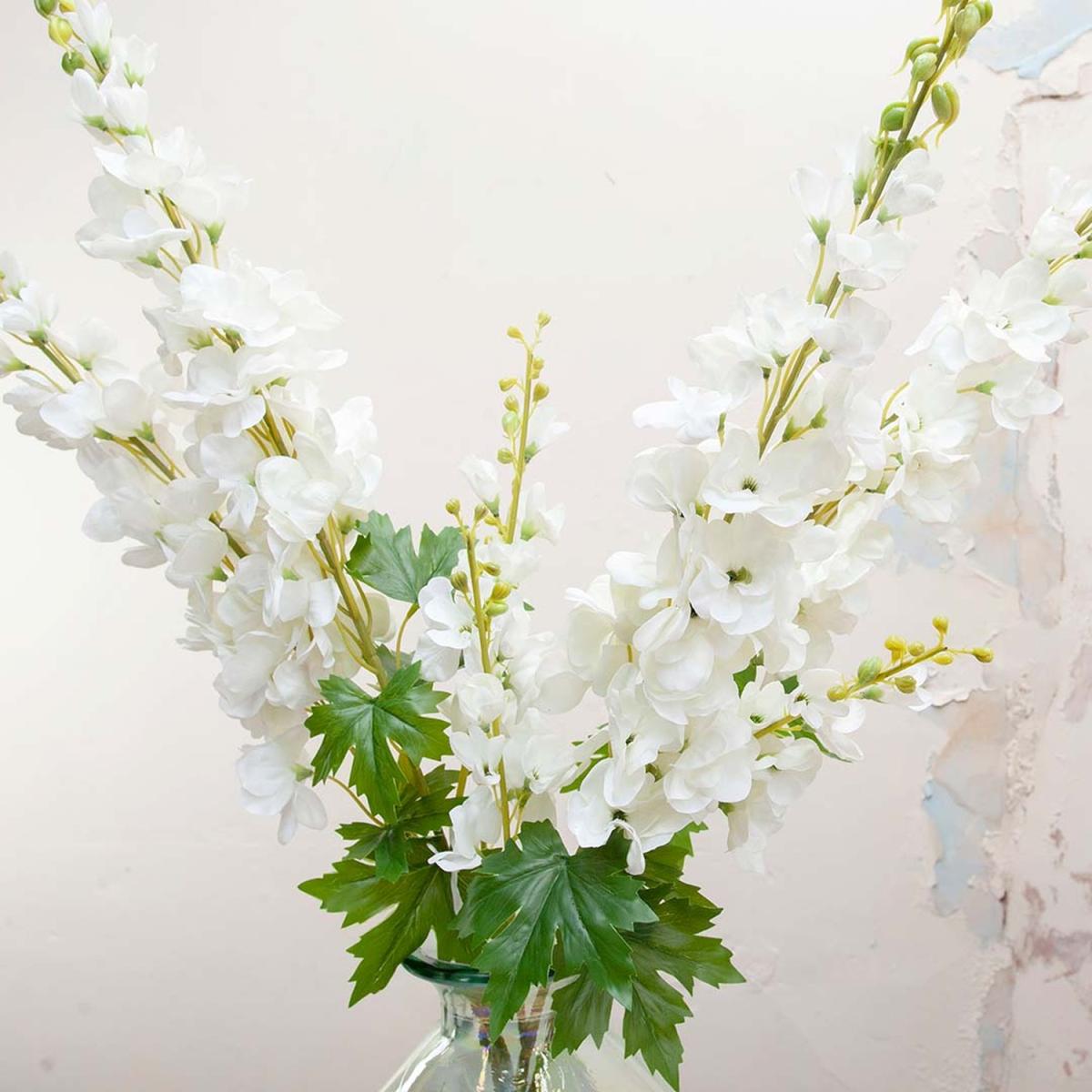 Delphiniums in Decanter Vase by Peony - White and natural with green leaves – image 2
