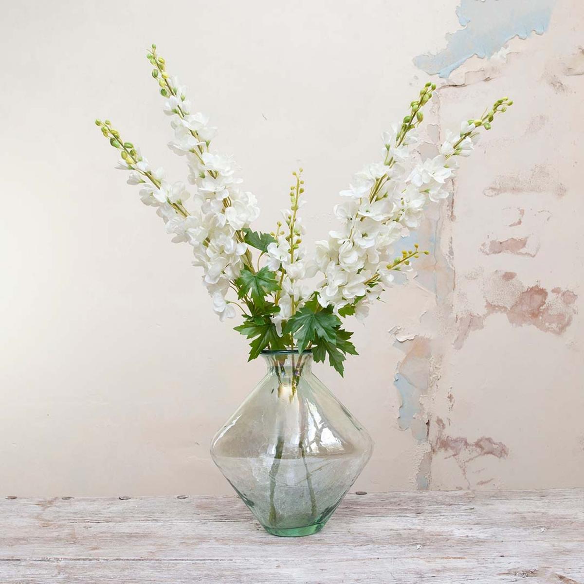 Delphiniums in Decanter Vase by Peony - White and natural with green leaves – image 1
