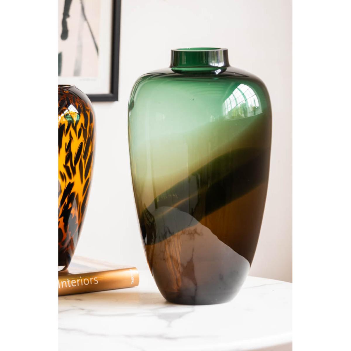 Tall Dark Green & Brown Glass Vase – image 2