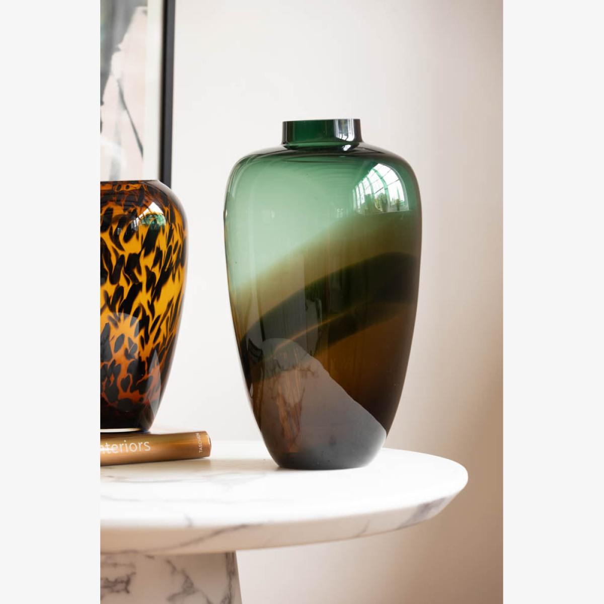Tall Dark Green & Brown Glass Vase – image 1
