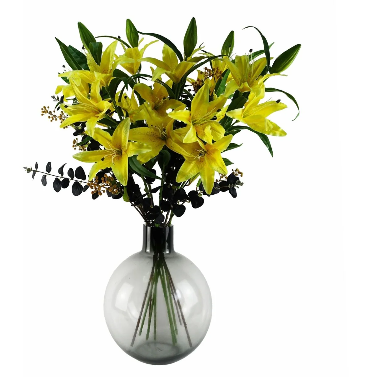 100cm Artificial Yellow Lily and Black Eucalyptus in Glass Ball Vase - Premium - Yellow Flower Arrangement – image 2