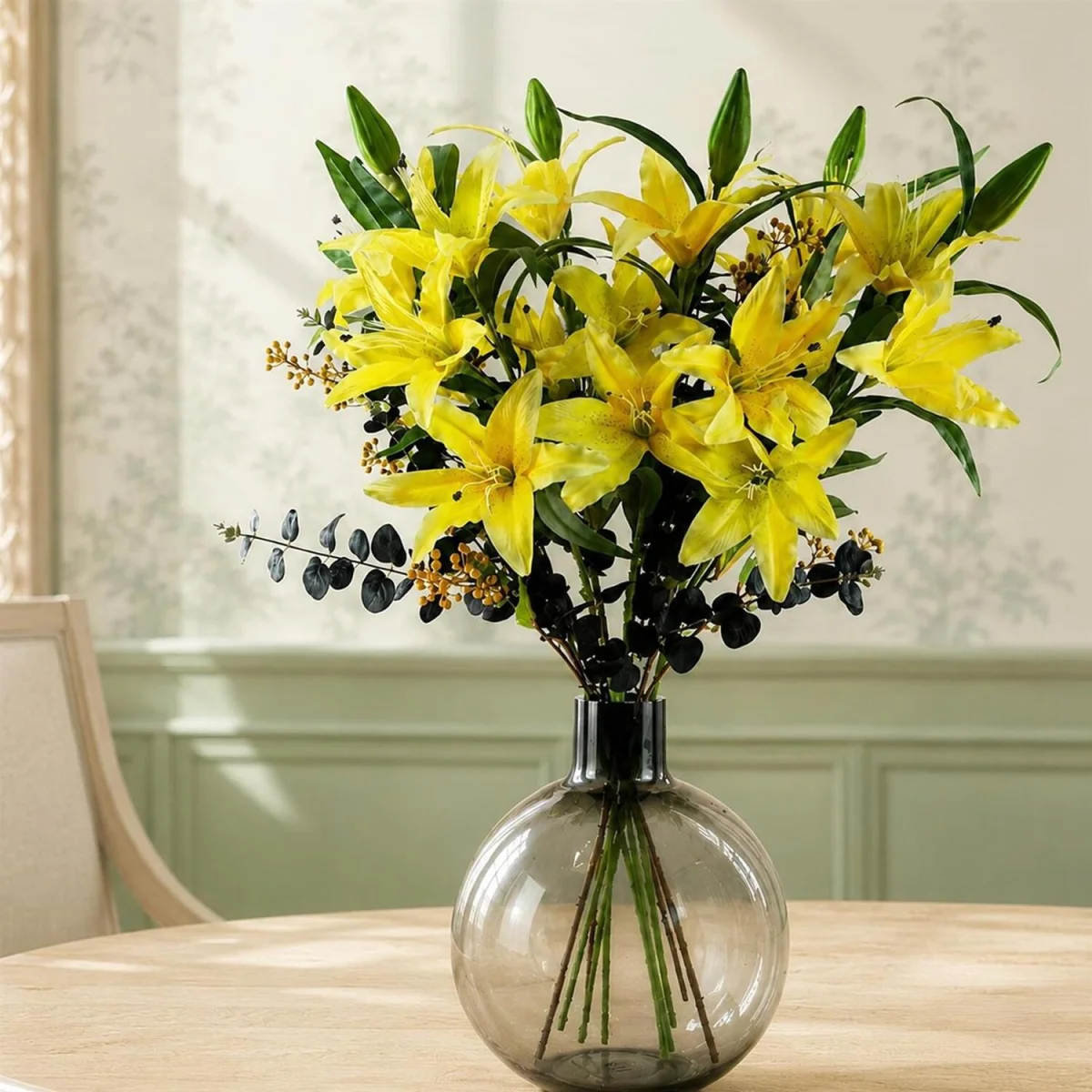 100cm Artificial Yellow Lily and Black Eucalyptus in Glass Ball Vase - Premium - Yellow Flower Arrangement – image 1