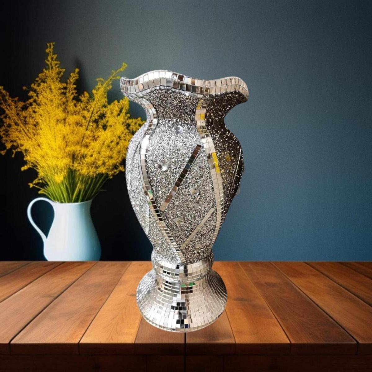 Silver Vase Statue Sparkle Ornament Crushed Diamond Gift Mirrored Flower - Silver
