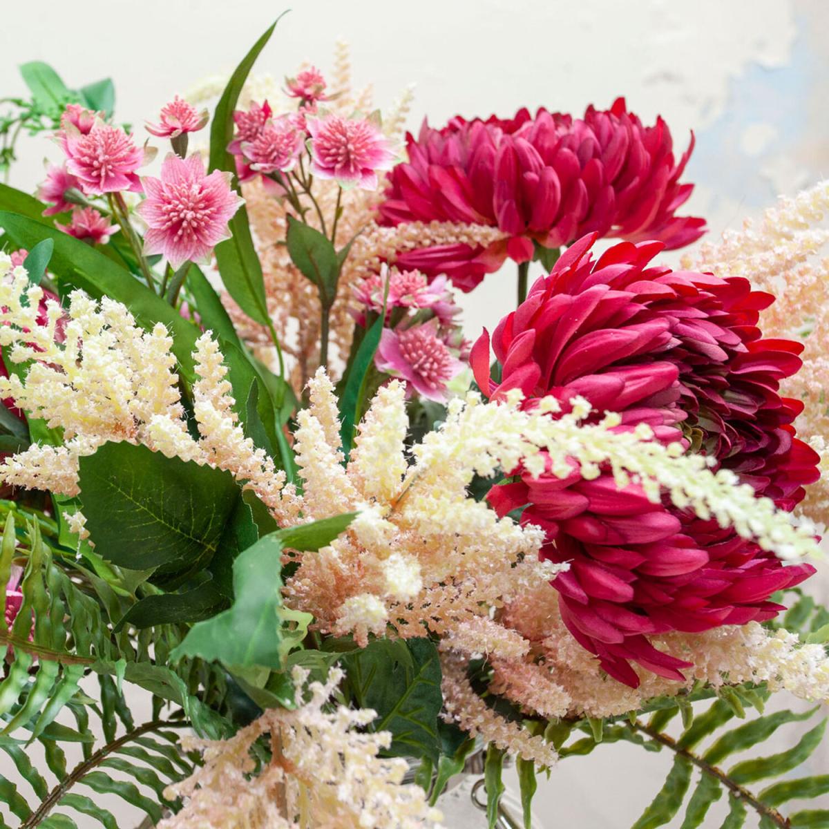 Chrysanthemums, Astrantia Astilbe set with ferns in lantern vase by Peony - Pastel to deep pink with natural ferns and foliage – image 2