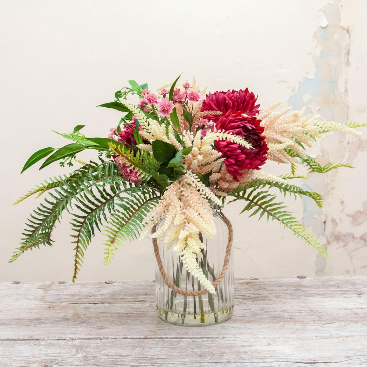 Chrysanthemums, Astrantia Astilbe set with ferns in lantern vase by Peony - Pastel to deep pink with natural ferns and foliage – image 1