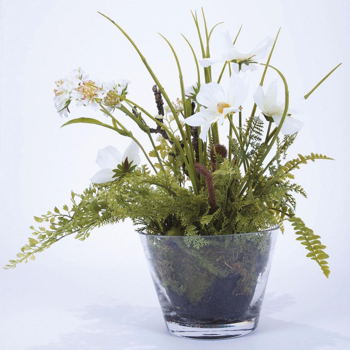 Artificial Cosmos Fern Flower Arrangement in Glass Vase - White, Green