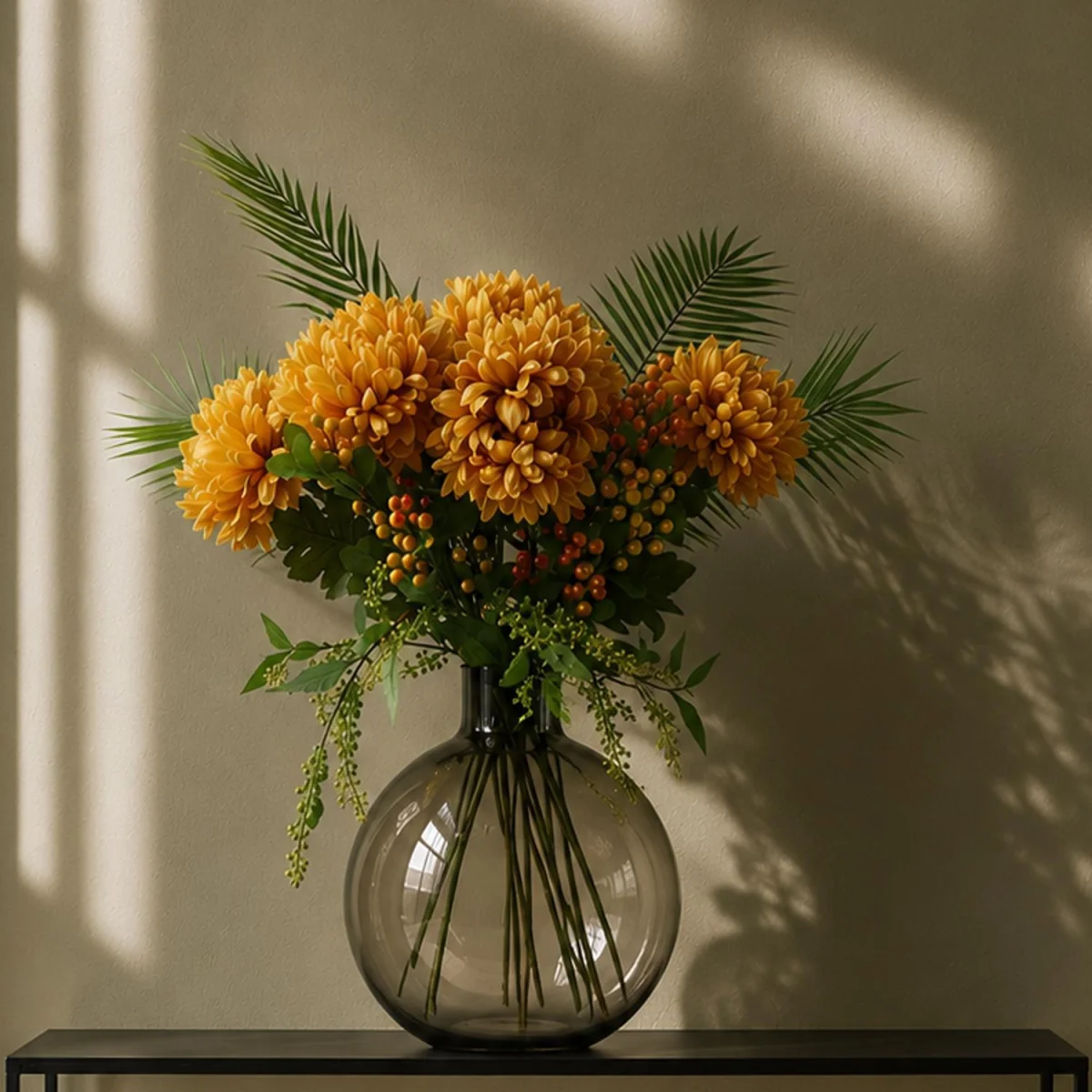 100cm Artificial Yellow Chrysanthemum Glass Ball Vase Premium - Green Flower Arrangement – image 2