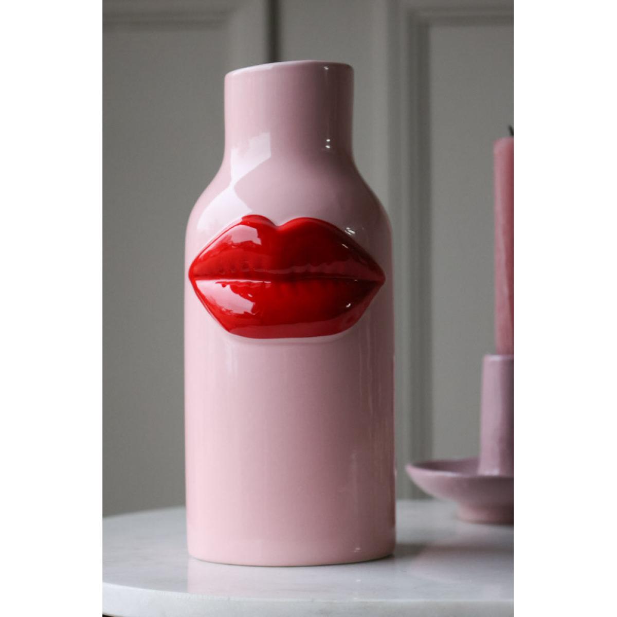 Pink Ceramic Vase With Luscious Red Lips – image 2