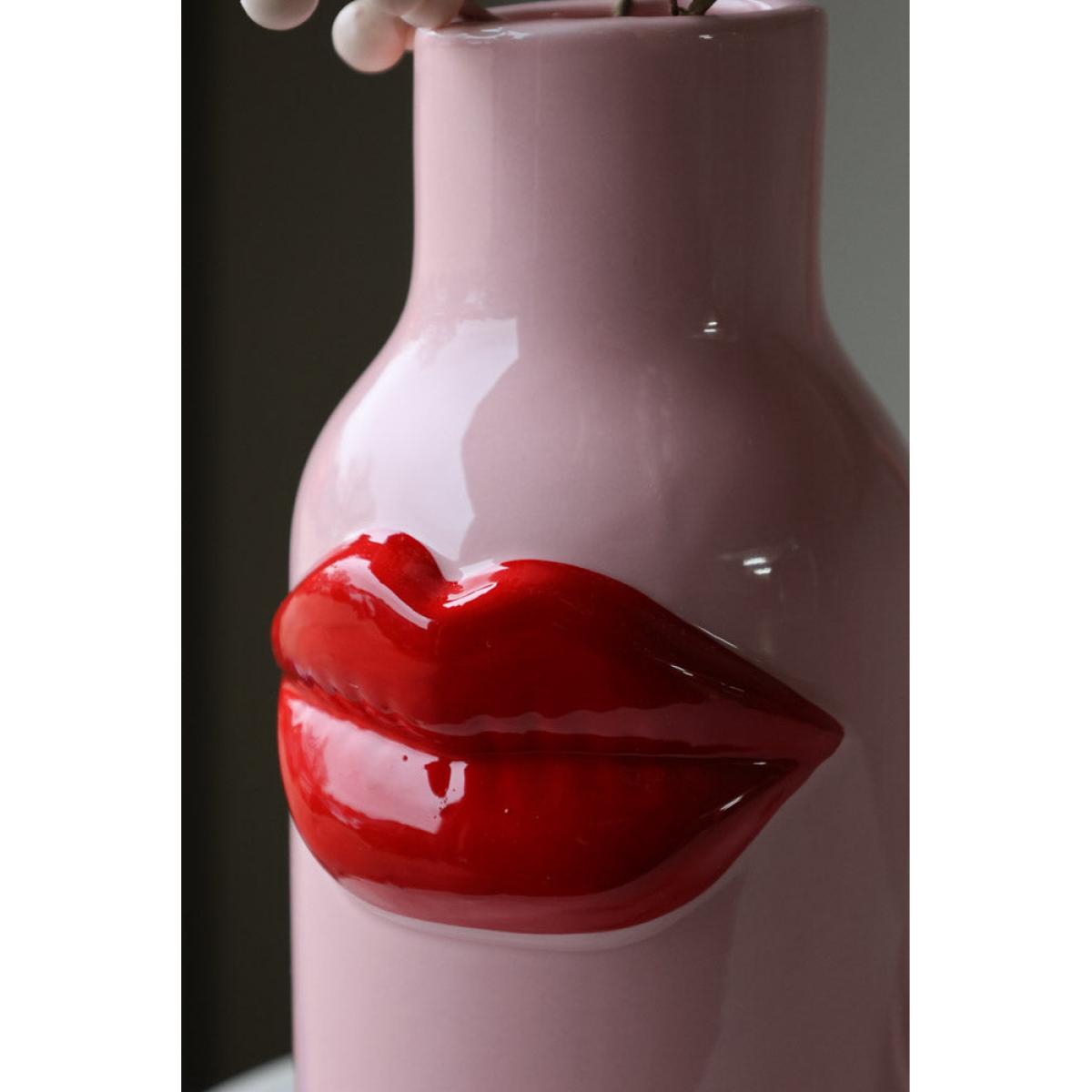 Pink Ceramic Vase With Luscious Red Lips – image 3