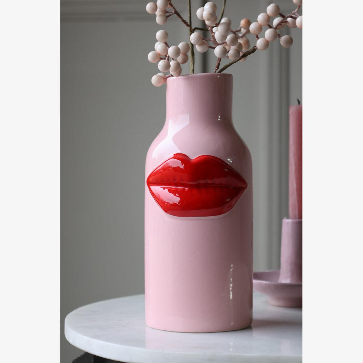 Pink Ceramic Vase With Luscious Red Lips – image 1