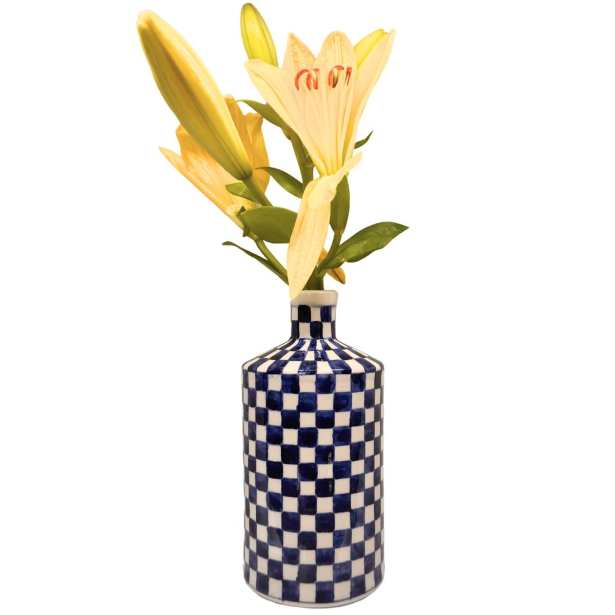 Blue / White Artisan Crafted Ceramic Checked Bottle And Vase Black and Wild – image 3