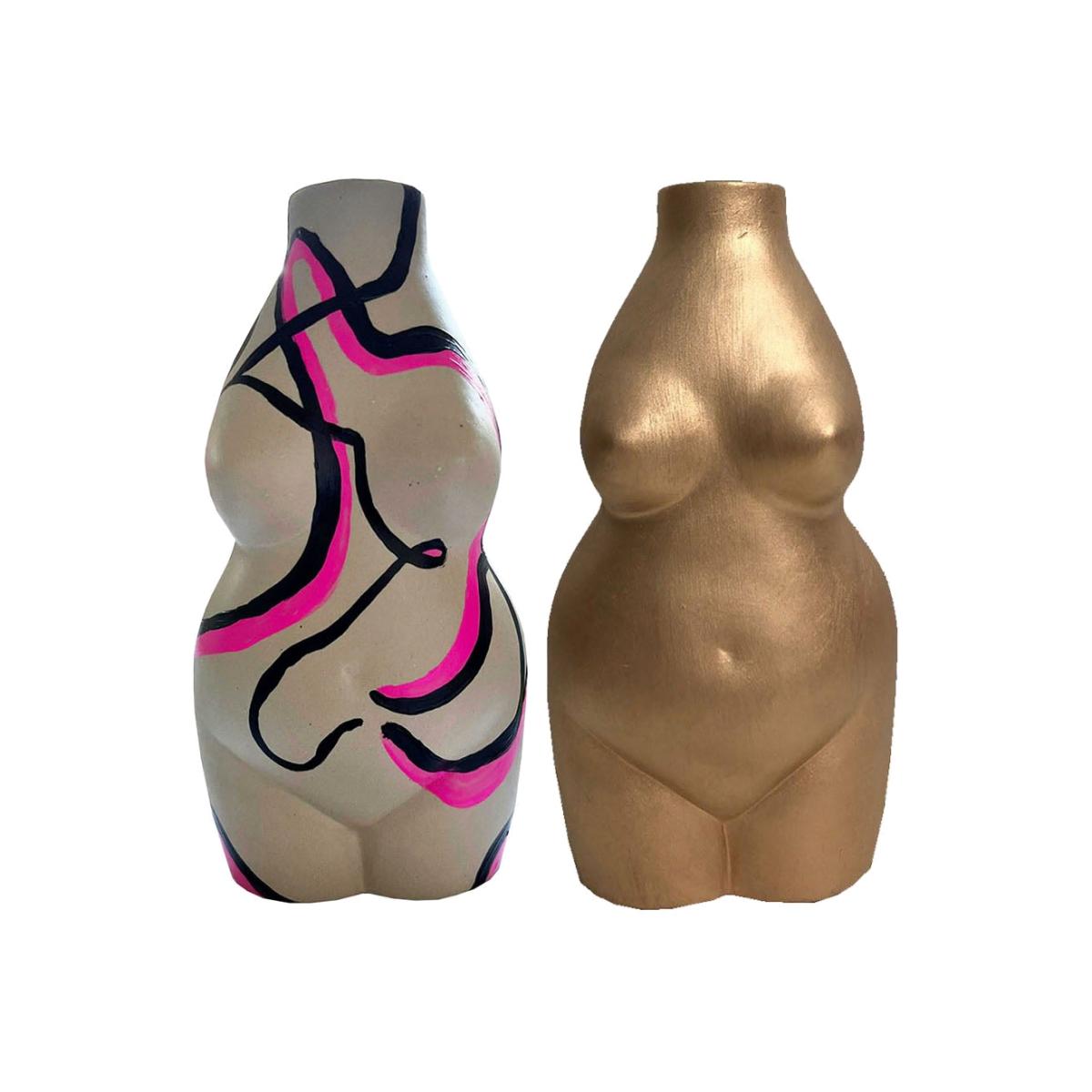 Gold / Black / White Neon Abstract & Gold Female Body Vase Set Quillattire