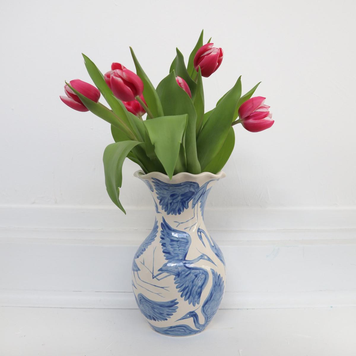 Blue / White Herons Hand Painted Scalloped Vase - Blue Rosanna Corfe – image 2