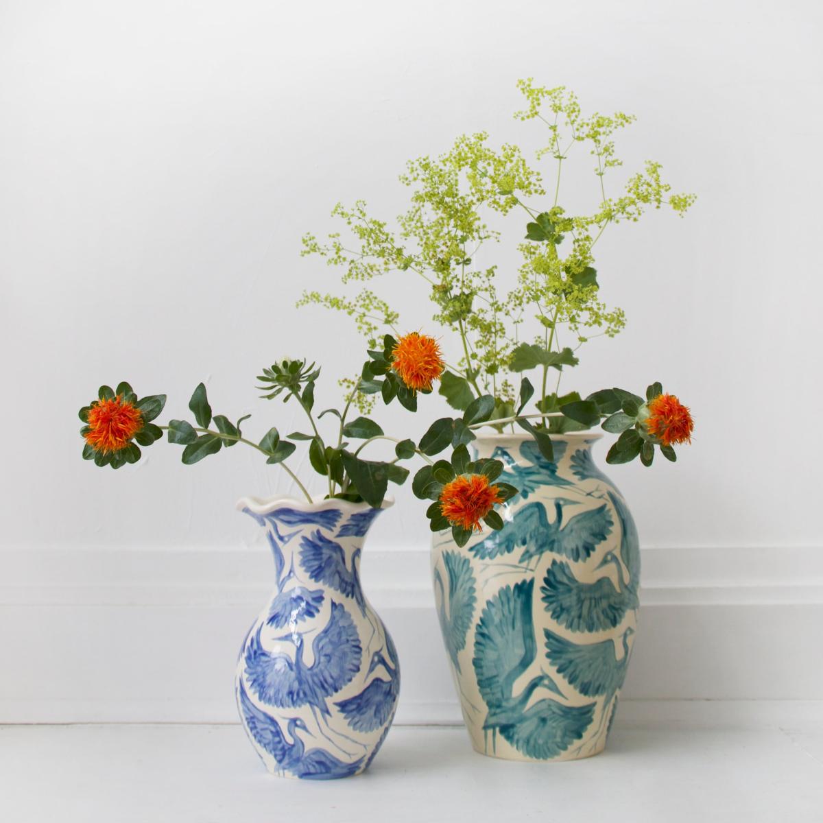 Blue / White Herons Hand Painted Scalloped Vase - Blue Rosanna Corfe – image 3