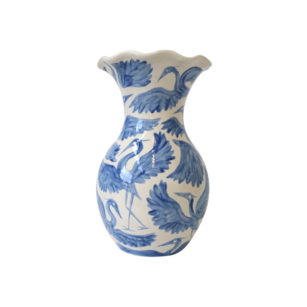 Blue / White Herons Hand Painted Scalloped Vase - Blue Rosanna Corfe – image 1
