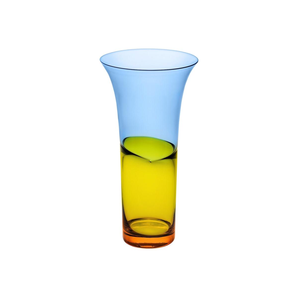 Yellow / Orange Duo Amber/Blue Two Tone Fused Glass Vase 12.2" Sghr Sugahara
