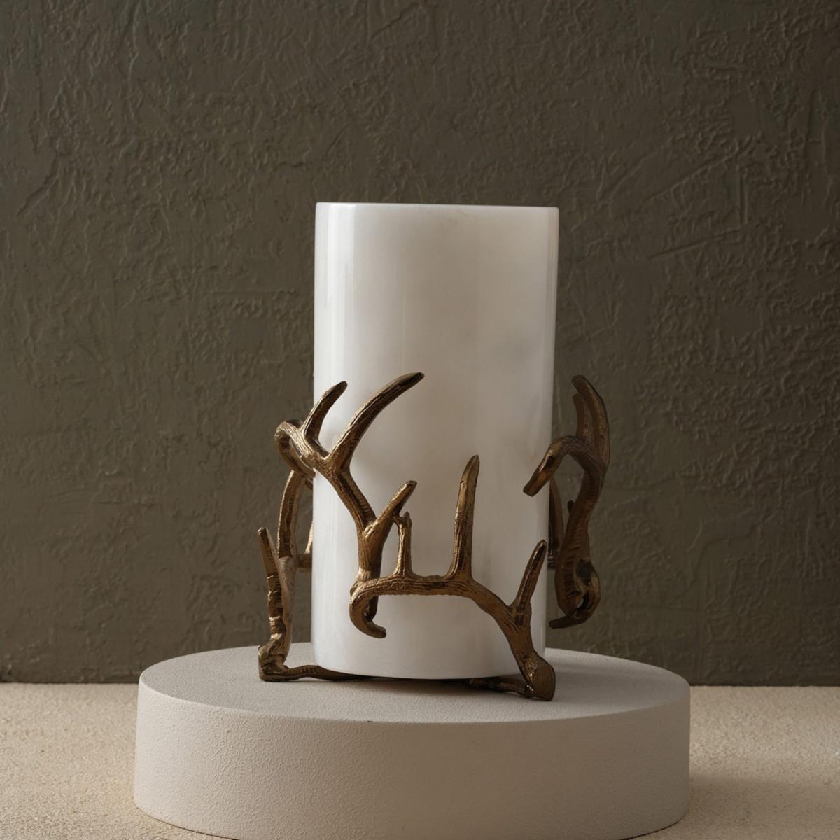 White / Brown Handmade Marble Vase With Bronze Antler | Anatoliacraft – image 2