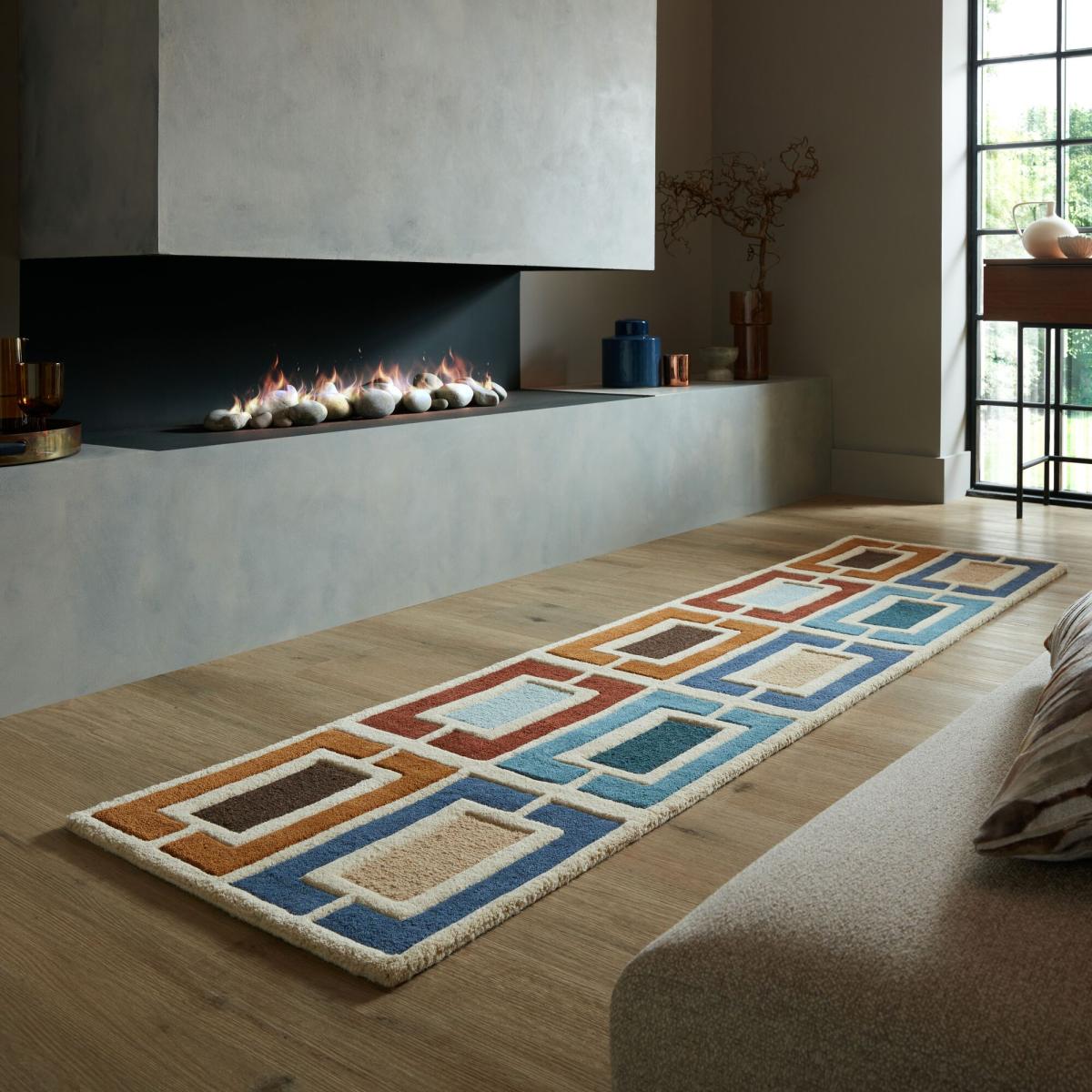 Retro Blocks Carved Wool Runner Blue – image 1