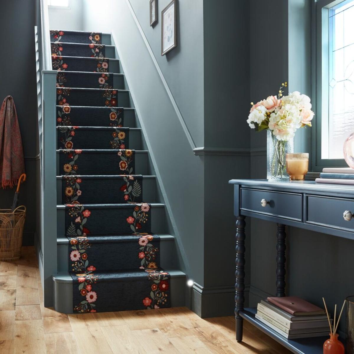 Camellia Floral Border Stair Runner Blue – image 1