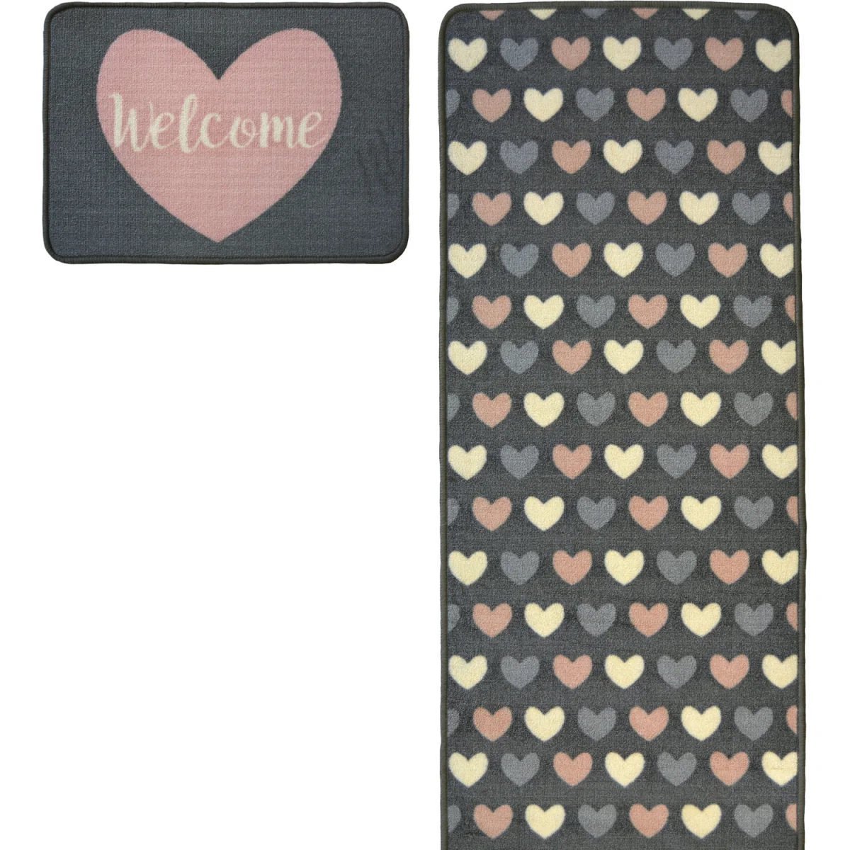 Grey and Pink Hearts Non Slip, Washable Runner and Welcome Doormat Set - - Pink – image 4